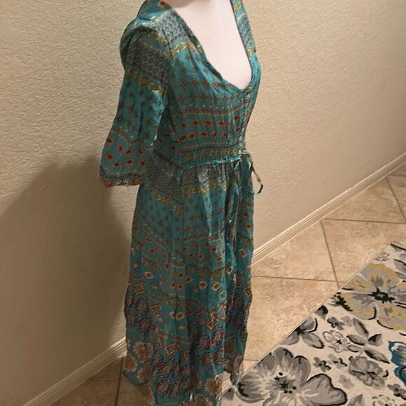 Guadalupe Size M Monaco Midi Dress Turquoise Bohemian Coastal Mediterranean NWT - Picture 2 of 14